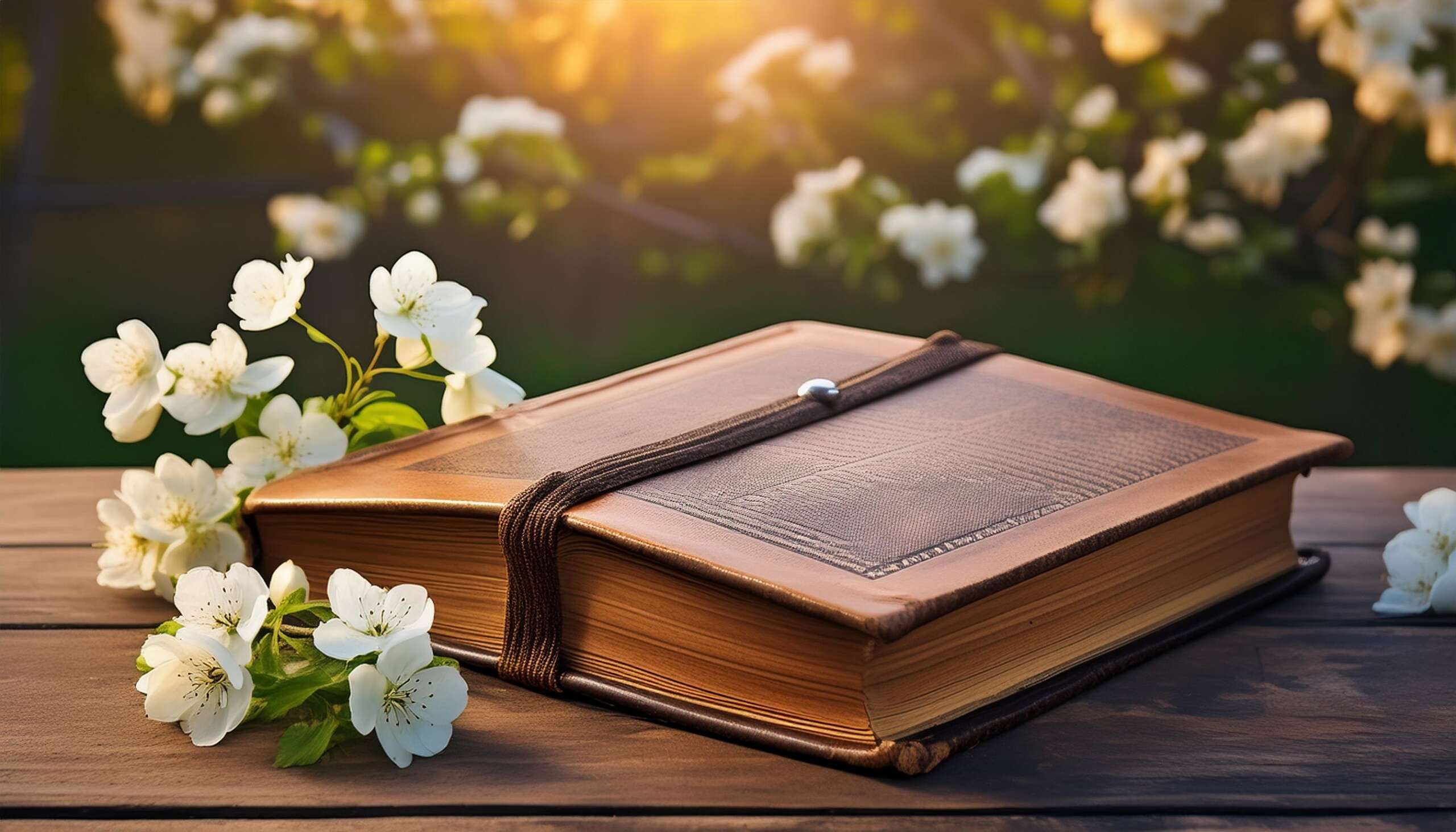 old bible on vintage wooden table with some little white flowers